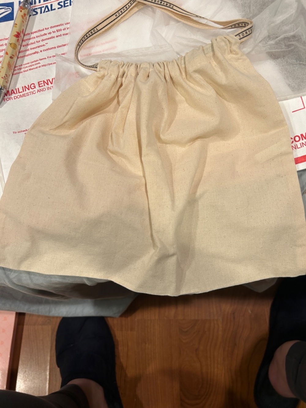 Tory Burch Beige Drawstring Cotton Tote with Branded Strap and dust bag